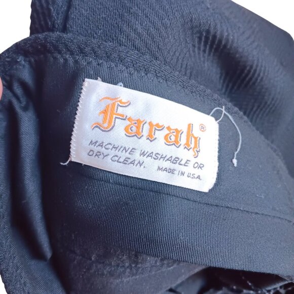 33x29 Vintage 70's Pants Farah Mens Black Textured Herringbone Dress Steel Zip - Picture 3 of 5